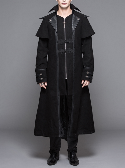Men Gothic Pattern Leather Fake Two Pieces Double-Sided Woollen Split Design Black Coats