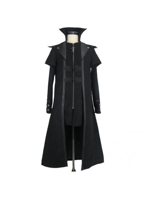 Men Gothic Pattern Leather Fake Two Pieces Double-Sided Woollen Split Design Black Coats