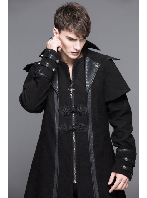 Men Gothic Pattern Leather Fake Two Pieces Double-Sided Woollen Split Design Black Coats