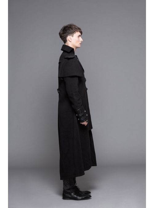 Men Gothic Pattern Leather Fake Two Pieces Double-Sided Woollen Split Design Black Coats