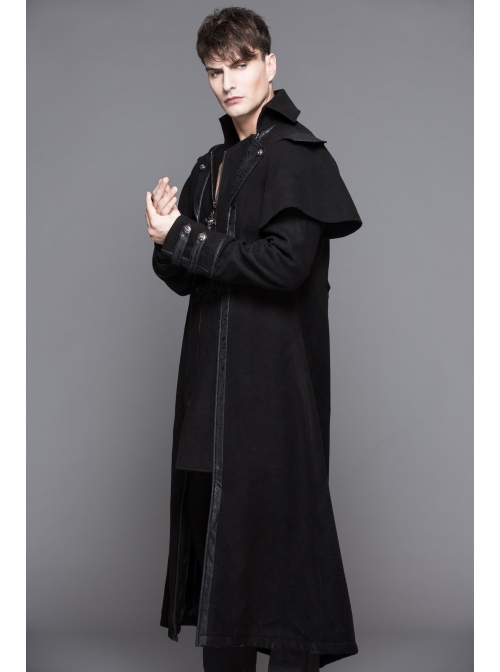 Men Gothic Pattern Leather Fake Two Pieces Double-Sided Woollen Split Design Black Coats