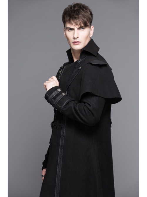 Men Gothic Pattern Leather Fake Two Pieces Double-Sided Woollen Split Design Black Coats