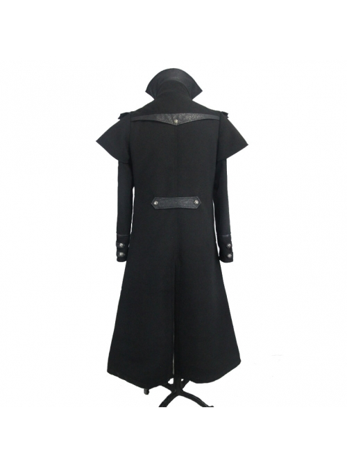 Men Gothic Pattern Leather Fake Two Pieces Double-Sided Woollen Split Design Black Coats