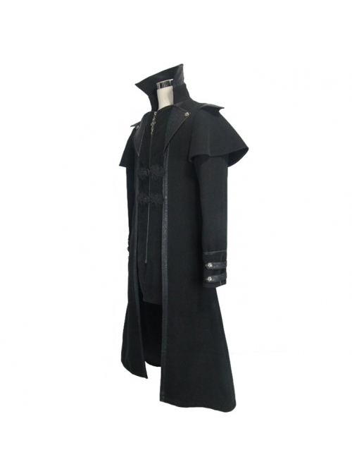 Men Gothic Pattern Leather Fake Two Pieces Double-Sided Woollen Split Design Black Coats
