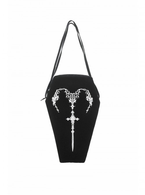 Black Velvet Mystery Horn Embroidery Coffin-Shaped Gothic Style Bag