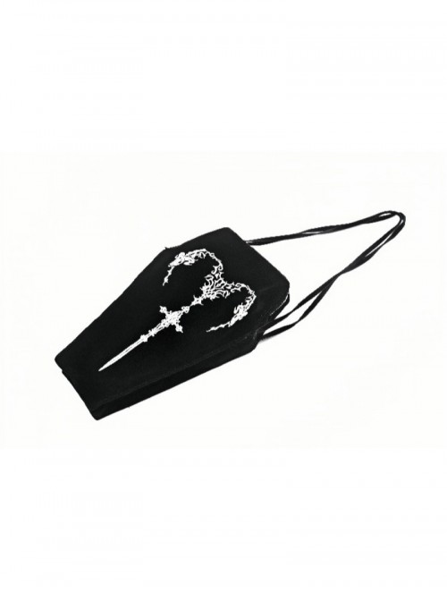 Black Velvet Mystery Horn Embroidery Coffin-Shaped Gothic Style Bag