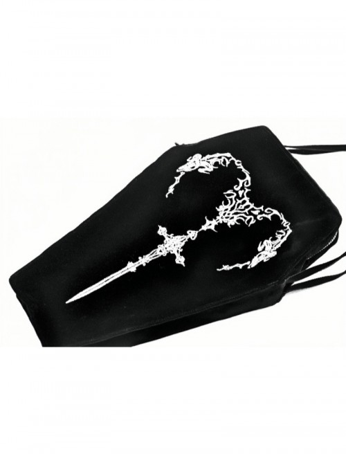 Black Velvet Mystery Horn Embroidery Coffin-Shaped Gothic Style Bag