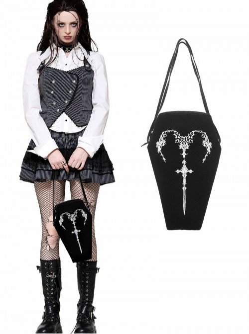 Black Velvet Mystery Horn Embroidery Coffin-Shaped Gothic Style Bag
