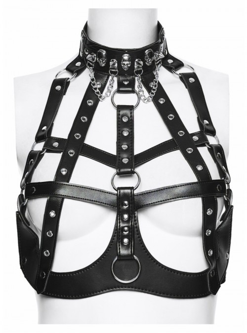 Black Artificial Leather Sexy Hollow Design Skull Studs D-Ring Buckle Chains Rock Punk Bustier