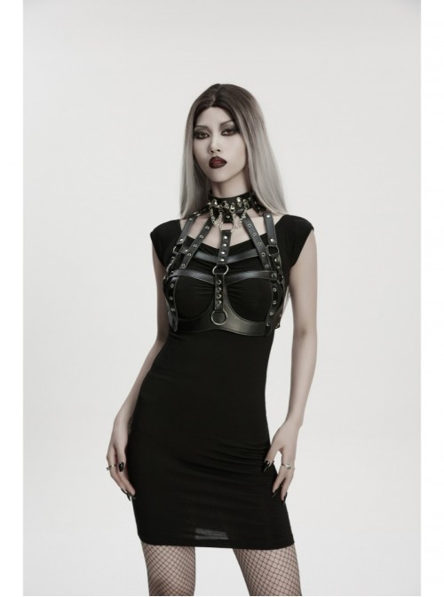 Black Artificial Leather Sexy Hollow Design Skull Studs D-Ring Buckle Chains Rock Punk Bustier