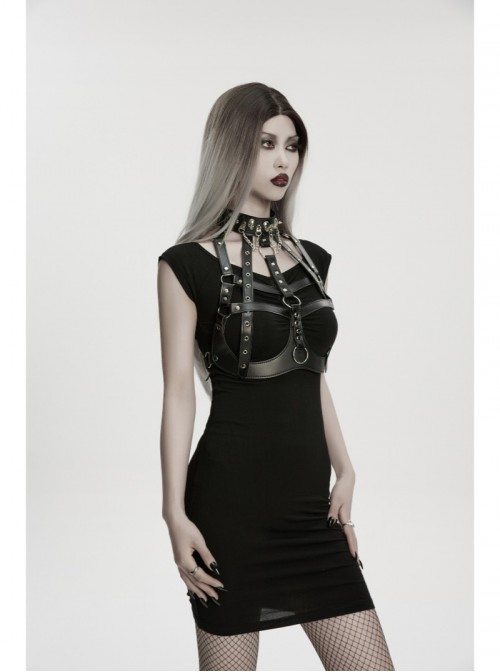 Black Artificial Leather Sexy Hollow Design Skull Studs D-Ring Buckle Chains Rock Punk Bustier