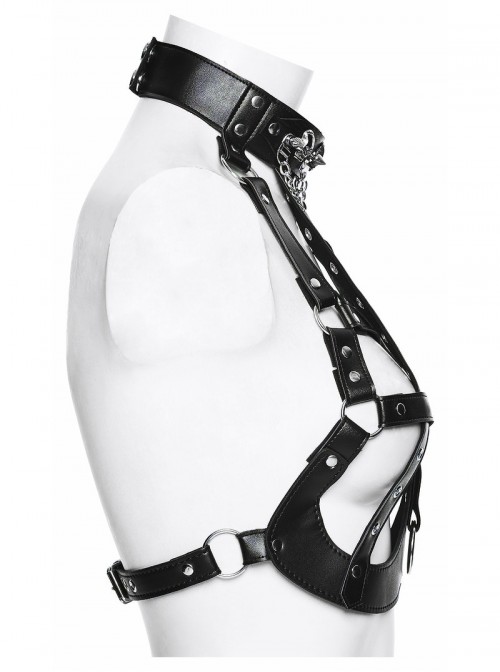 Black Artificial Leather Sexy Hollow Design Skull Studs D-Ring Buckle Chains Rock Punk Bustier