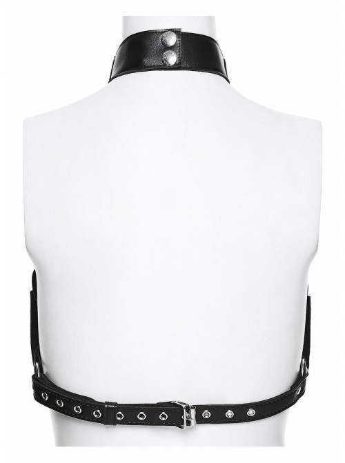 Black Artificial Leather Sexy Hollow Design Skull Studs D-Ring Buckle Chains Rock Punk Bustier