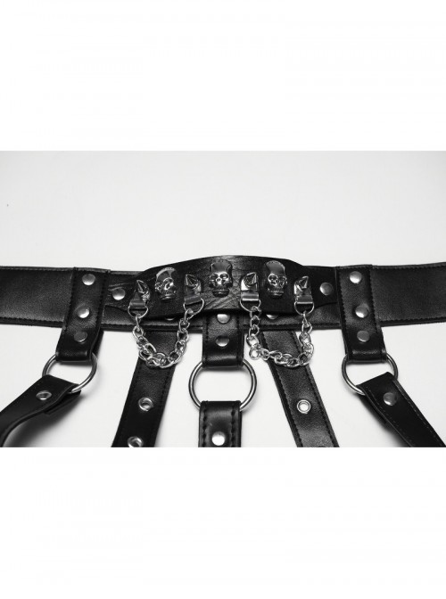 Black Artificial Leather Sexy Hollow Design Skull Studs D-Ring Buckle Chains Rock Punk Bustier
