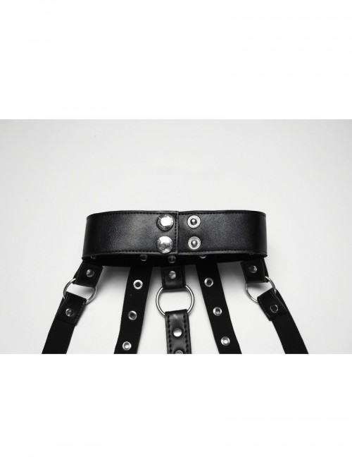 Black Artificial Leather Sexy Hollow Design Skull Studs D-Ring Buckle Chains Rock Punk Bustier