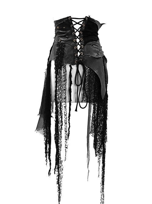 Leather Patchwork Vintage Distressed Belted Irregularly Lace Hem Black Punk Corset
