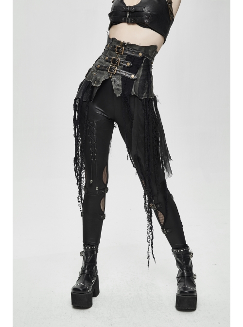 Leather Patchwork Vintage Distressed Belted Irregularly Lace Hem Black Punk Corset