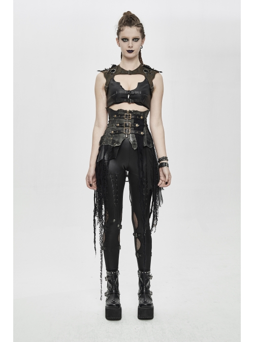 Leather Patchwork Vintage Distressed Belted Irregularly Lace Hem Black Punk Corset