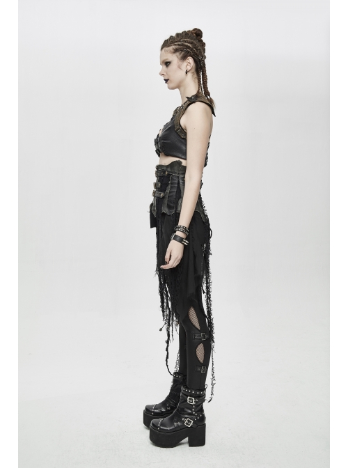 Leather Patchwork Vintage Distressed Belted Irregularly Lace Hem Black Punk Corset