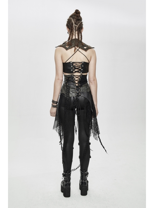 Leather Patchwork Vintage Distressed Belted Irregularly Lace Hem Black Punk Corset
