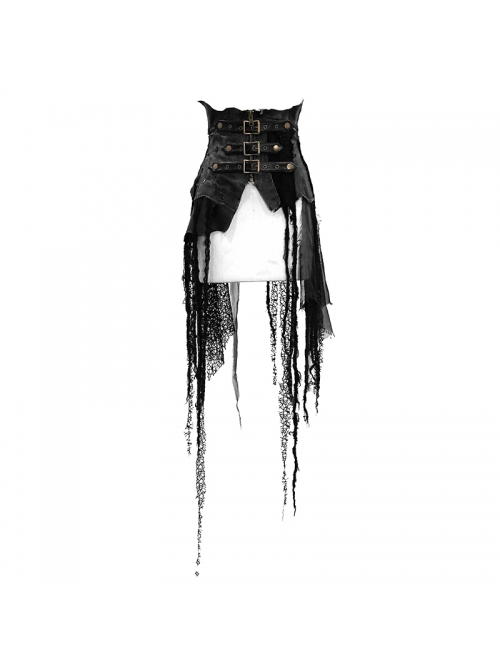 Leather Patchwork Vintage Distressed Belted Irregularly Lace Hem Black Punk Corset