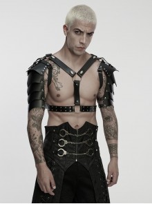 Black Artificial Leather Warrior Punk Men Double-Shoulder Armor Harness Two-Piece Set