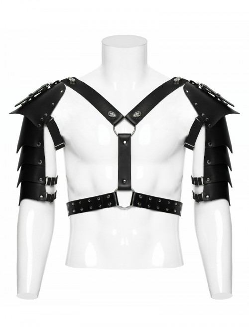 Black Artificial Leather Warrior Punk Men Double-Shoulder Armor Harness Two-Piece Set