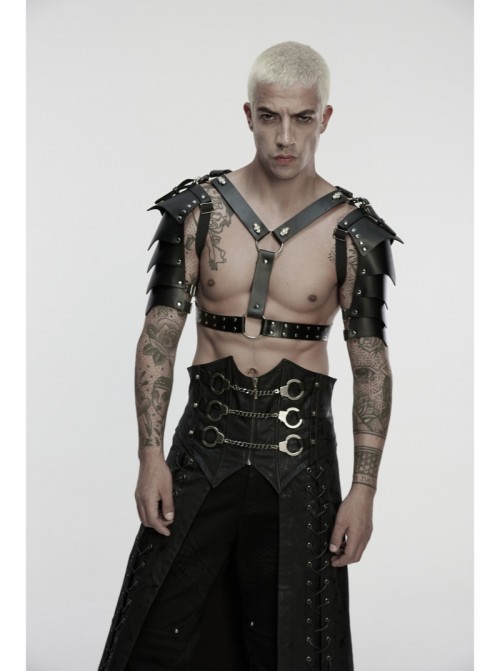 Black Artificial Leather Warrior Punk Men Double-Shoulder Armor Harness Two-Piece Set