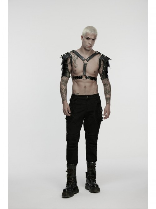 Black Artificial Leather Warrior Punk Men Double-Shoulder Armor Harness Two-Piece Set