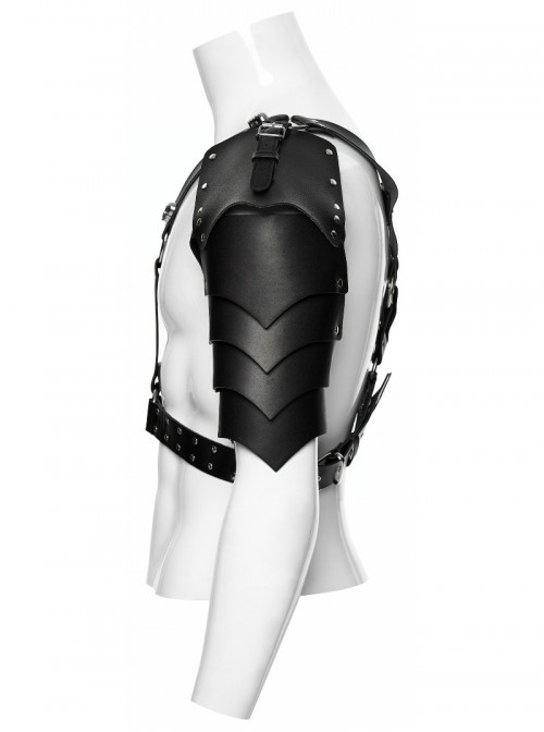 Black Artificial Leather Warrior Punk Men Double-Shoulder Armor Harness Two-Piece Set
