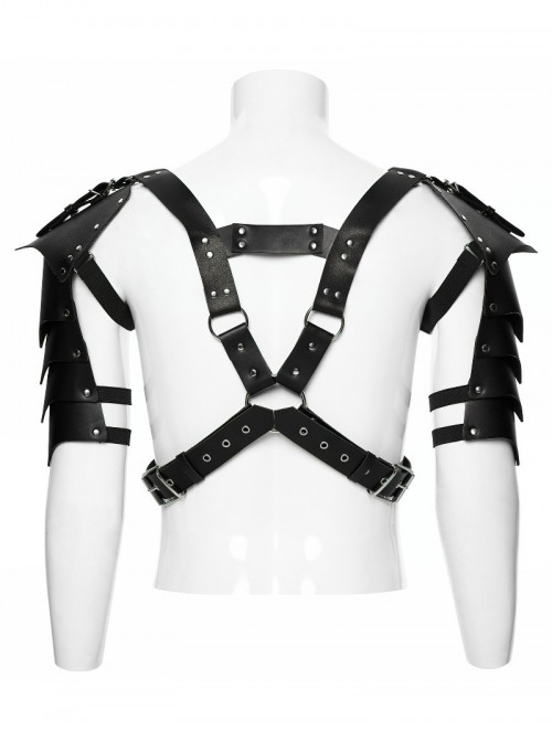 Black Artificial Leather Warrior Punk Men Double-Shoulder Armor Harness Two-Piece Set