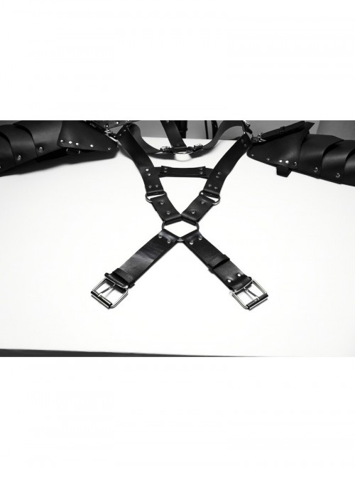 Black Artificial Leather Warrior Punk Men Double-Shoulder Armor Harness Two-Piece Set