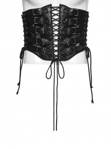 Black Artificial Leather Side Drawstrings Multi-Leather Straps Dark Knight Vibe Metal Punk Men Corset