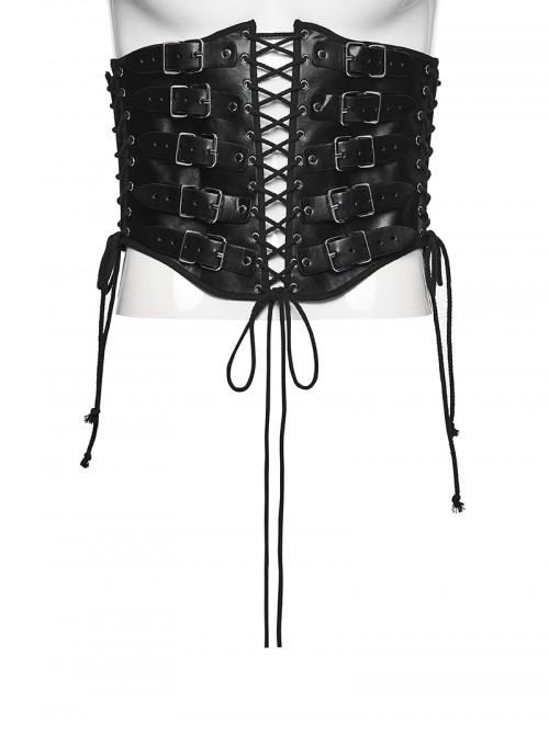 Black Artificial Leather Side Drawstrings Multi-Leather Straps Dark Knight Vibe Metal Punk Men Corset
