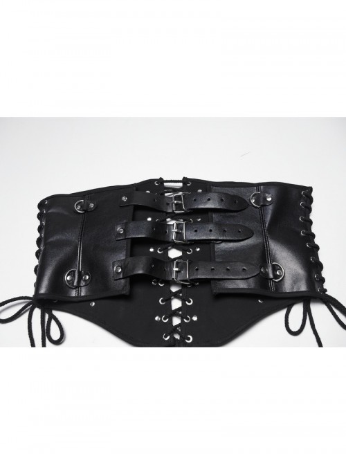 Black Artificial Leather Side Drawstrings Multi-Leather Straps Dark Knight Vibe Metal Punk Men Corset