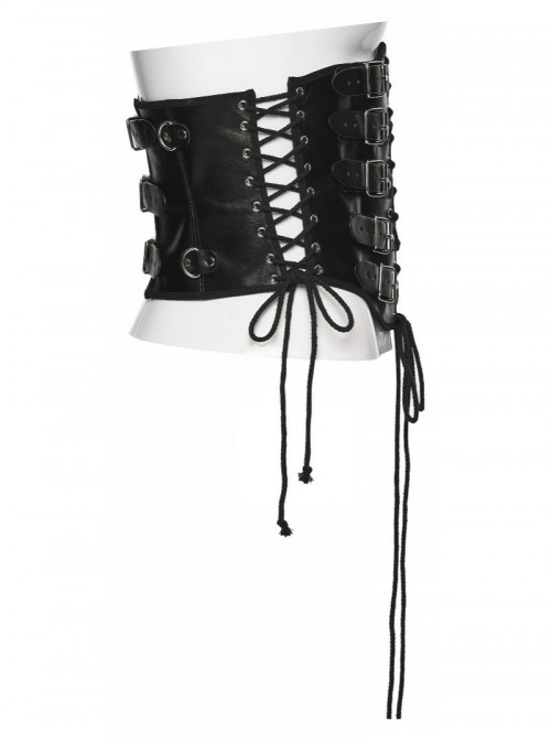 Black Artificial Leather Side Drawstrings Multi-Leather Straps Dark Knight Vibe Metal Punk Men Corset