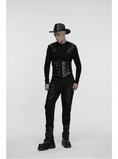 Black Artificial Leather Side Drawstrings Multi-Leather Straps Dark Knight Vibe Metal Punk Men Corset