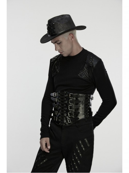 Black Artificial Leather Side Drawstrings Multi-Leather Straps Dark Knight Vibe Metal Punk Men Corset