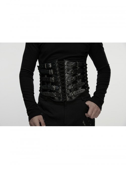 Black Artificial Leather Side Drawstrings Multi-Leather Straps Dark Knight Vibe Metal Punk Men Corset