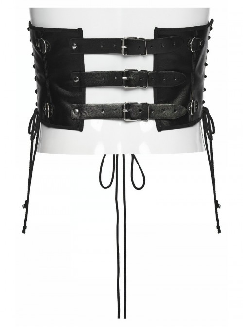 Black Artificial Leather Side Drawstrings Multi-Leather Straps Dark Knight Vibe Metal Punk Men Corset
