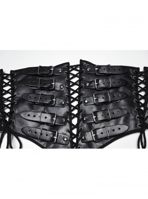 Black Artificial Leather Side Drawstrings Multi-Leather Straps Dark Knight Vibe Metal Punk Men Corset