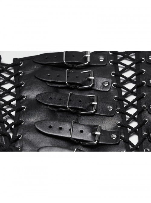 Black Artificial Leather Side Drawstrings Multi-Leather Straps Dark Knight Vibe Metal Punk Men Corset