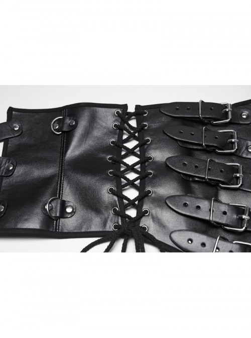 Black Artificial Leather Side Drawstrings Multi-Leather Straps Dark Knight Vibe Metal Punk Men Corset