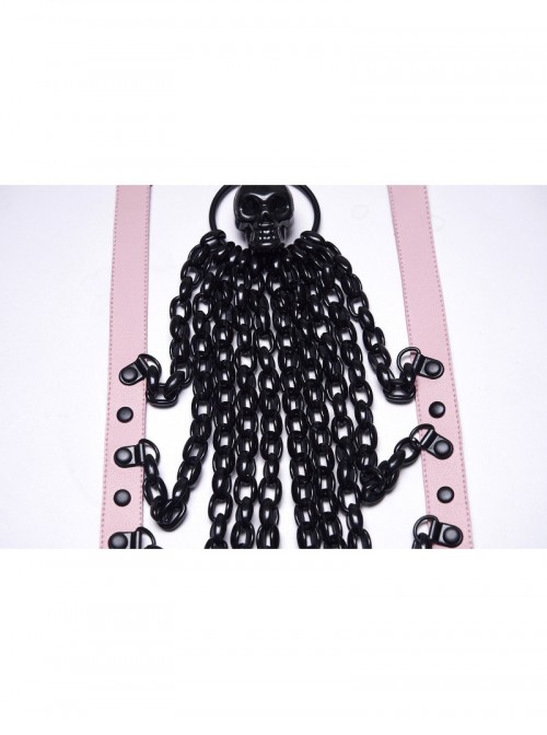 Black Skull Drooping Chains Pink Bat Bow Straps Rebellious Punk Chest Chain