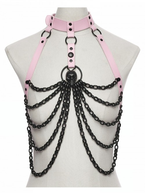 Black Skull Drooping Chains Pink Bat Bow Straps Rebellious Punk Chest Chain