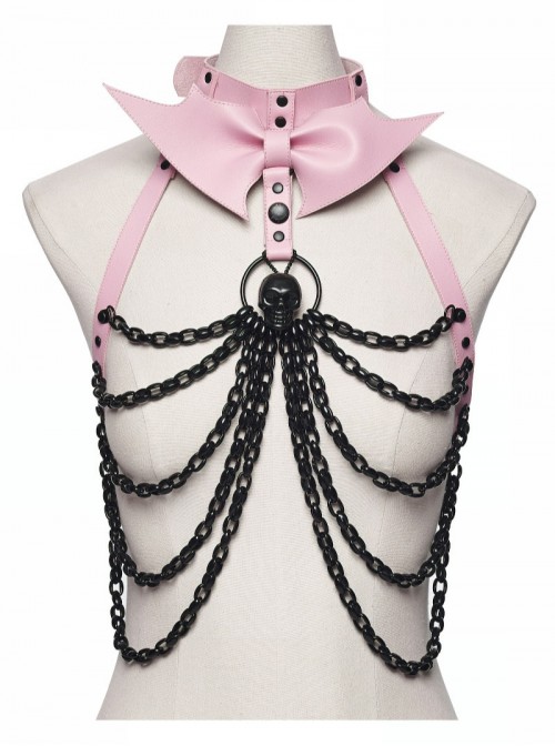 Black Skull Drooping Chains Pink Bat Bow Straps Rebellious Punk Chest Chain