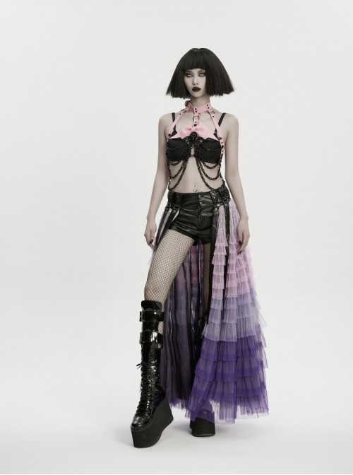 Black Skull Drooping Chains Pink Bat Bow Straps Rebellious Punk Chest Chain