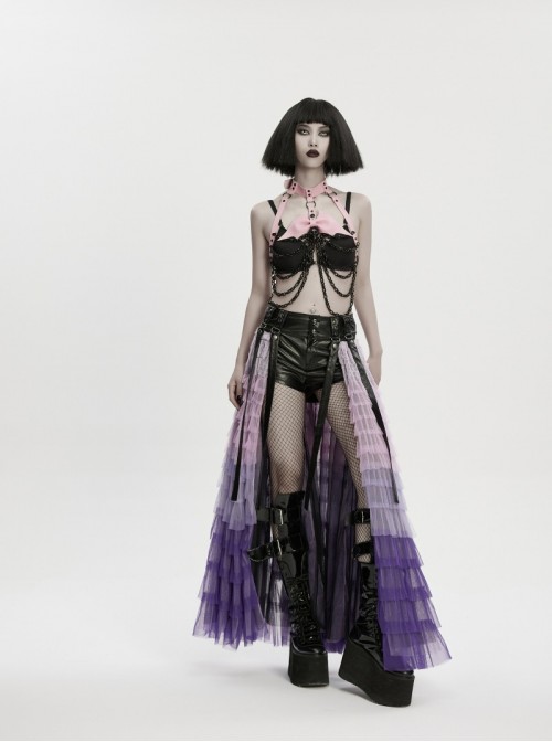 Black Skull Drooping Chains Pink Bat Bow Straps Rebellious Punk Chest Chain