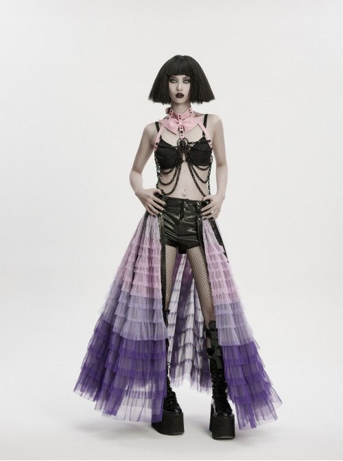 Black Skull Drooping Chains Pink Bat Bow Straps Rebellious Punk Chest Chain