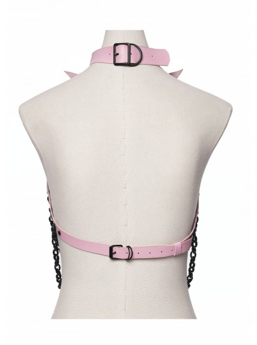 Black Skull Drooping Chains Pink Bat Bow Straps Rebellious Punk Chest Chain